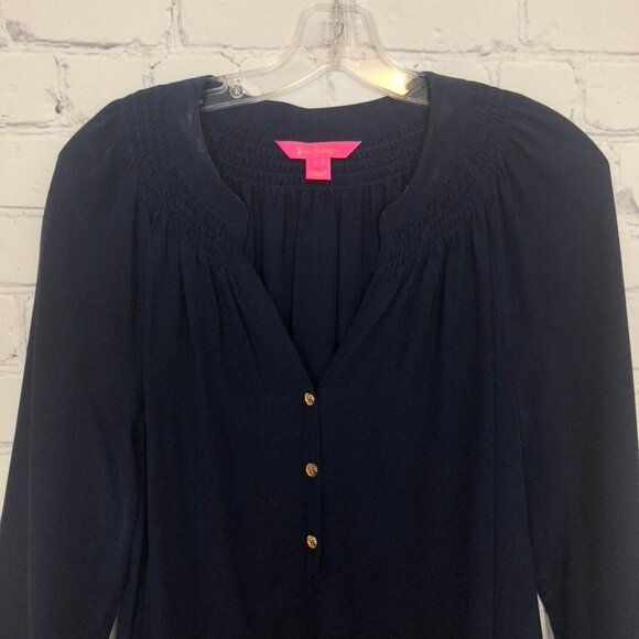Lilly Pulitzer Navy Elsa Silk Blouse Size L - Picture 2 of 7